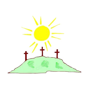 Sun with three brown crosses on a hill listed in crosses decals.
