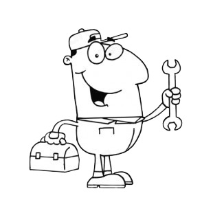 Smiling repairman holding wrench and toolbox listed in characters decals.