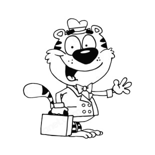 Tiger in suit with hat holding a briefcase waving listed in characters decals.