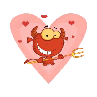 Happy little devil with pitchfork with hearts around listed in characters decals.