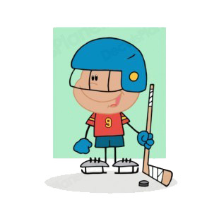 Boy with blue helmet playing hockey green backround listed in characters decals.