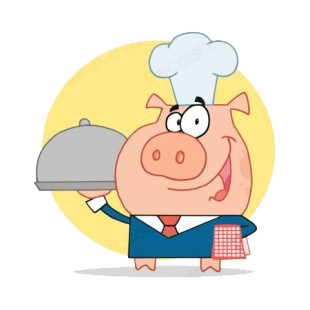 Smiling pig chef in blue suit with plate listed in characters decals.