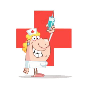 Nurse smiling with syringe listed in characters decals.