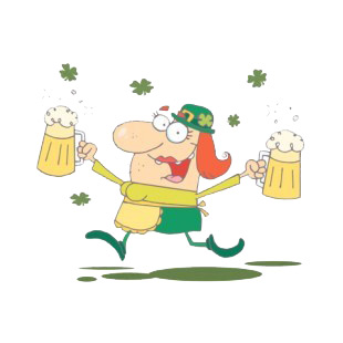 Woman leprechaun walking with two pints of beer listed in characters decals.