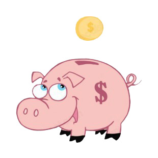 Happy piggy bank with dollar coin listed in characters decals.