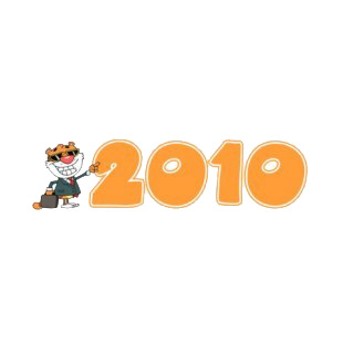 Tiger in suit holding briefcase pointing 2010 year listed in characters decals.