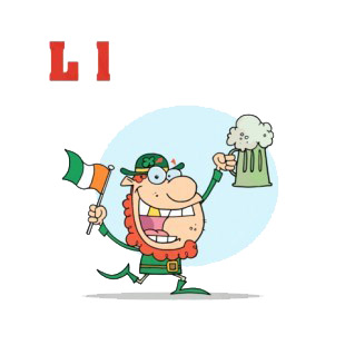 Alphabet L  leprechaun with irish flag and beer mug  listed in characters decals.