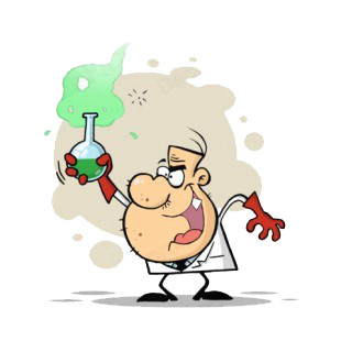 Mad scientist holding bubbling beaker of chemicals listed in characters decals.