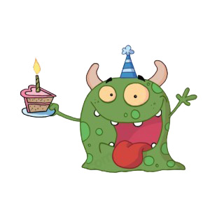 Green monster celebrating birthday with cake listed in characters decals.