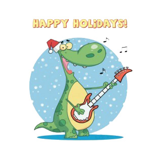 Happy Holidays dinosaur with santa hat playing guitar  listed in characters decals.