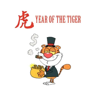 Year of the tiger tiger with pot of gold  listed in characters decals.