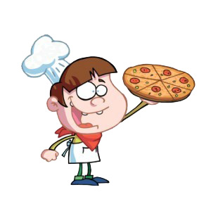 Chef holding pizza listed in characters decals.