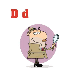 Alphabet D detective with magnifying glass listed in characters decals.