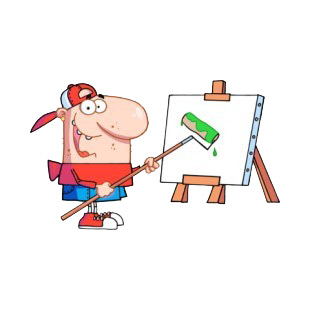 Man with hat and red shirt using roller on canvas listed in characters decals.