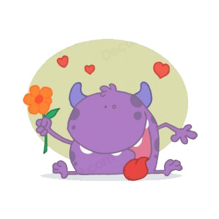 Purple monster with orange flower and hearts around listed in characters decals.
