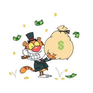Tiger in suit with cigar in mouth holding bag of money listed in characters decals.