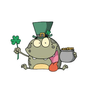 Frog with irish hat holding clover leaf and pot of gold listed in characters decals.