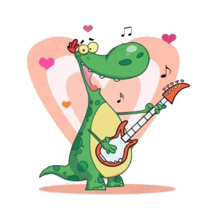 Green dinosaur playing guitar with heart backround listed in characters decals.