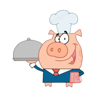 Waiter pig with chef holding plate listed in characters decals.