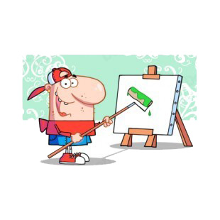Man with hat and red shirt using roller on canvas  listed in characters decals.