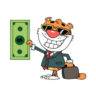 Tiger with suit and sunglasses holding dollar  listed in characters decals.