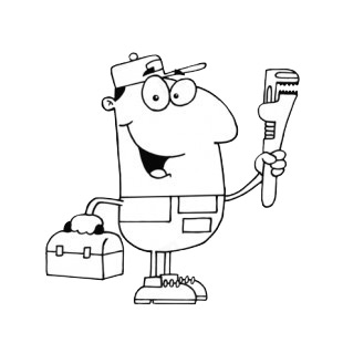 Smiling repairman holding wrench and toolbox  listed in characters decals.