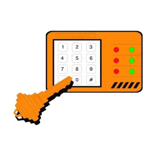 Alarm control pad with key listed in police and fire decals.