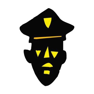 Yellow and black abstract policeman face listed in police and fire decals.