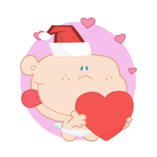 Cupid with santa hat holding heart with hearts around listed in characters decals.
