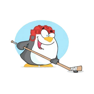 Penguin with red helmet and hockey stick playing hockey listed in characters decals.