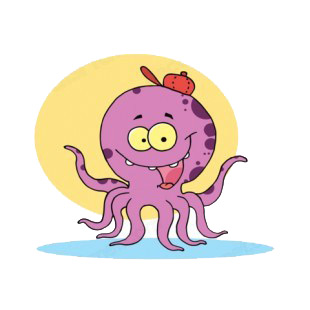 Purple octopus with red hat smiling yellow backround listed in characters decals.