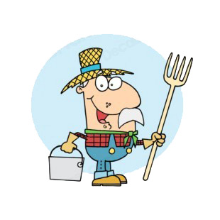 Farmer holding fork and bucket listed in characters decals.