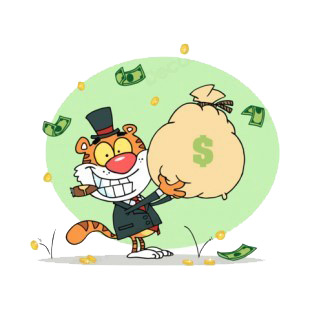 Tiger in suit with cigar in mouth holding bag of money  listed in characters decals.