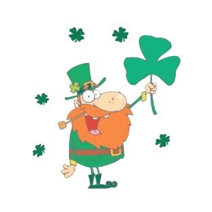 Leprechaun holding shamrock with shamrocks around listed in characters decals.
