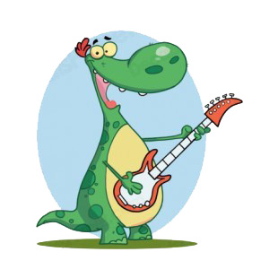 Green dinosaur playing guitar blue backround listed in characters decals.