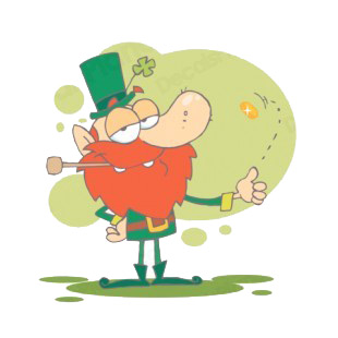 Leprechaun with pipe in his mouth flipping coin listed in characters decals.