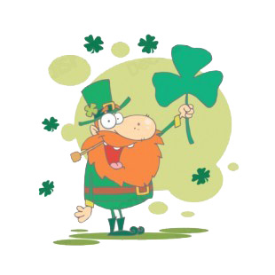 Leprechaun holding shamrock with shamrocks around  listed in characters decals.