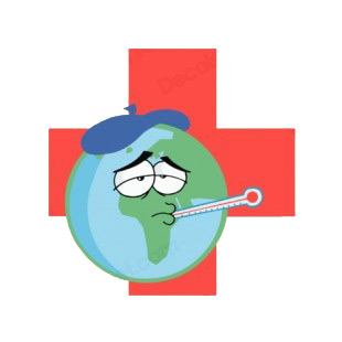 Sick earth with thermometer in his mouth listed in characters decals.