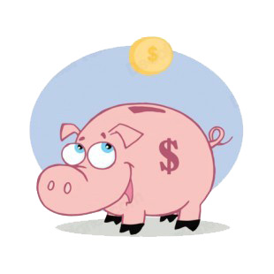 Happy piggy bank with dollar coin blue backround listed in characters decals.