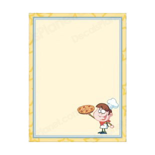 Chef holding pizza yellow and blue frame and border listed in characters decals.