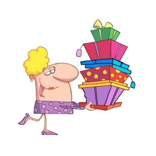Lady carrying gifts listed in characters decals.