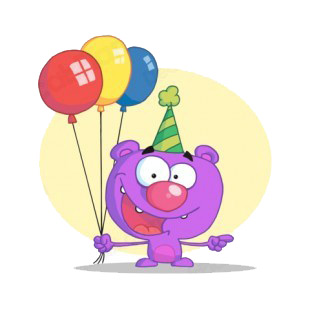 Purple bear with green party hat and balloons  listed in characters decals.