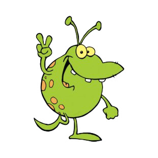 Happy green alien gesturing a peace sign listed in characters decals.