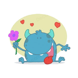 Blue monster holding orange flower with hearts around  listed in characters decals.