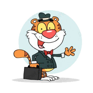 Tiger in suit with hat holding a briefcase waving  listed in characters decals.