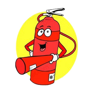 Smiling red fire extinguisher with nozzle  listed in police and fire decals.