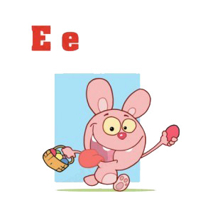 Alphabet E easter bunny running with easter egg basket  listed in characters decals.