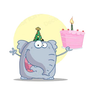 Elephant with party hat holding birthday cake  listed in characters decals.