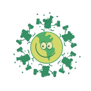 Smiling green planet with leprechauns dancing on it  listed in characters decals.