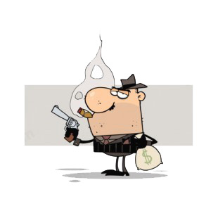 Mobster with gun holding bag of money grey backround listed in characters decals.